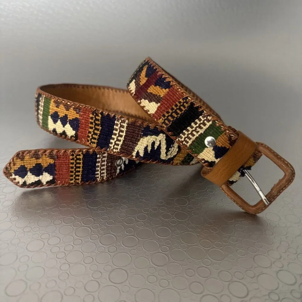 Vintage Handmade Guatemala Woven Belt 36 Cotton Leather Aztec Folk Art